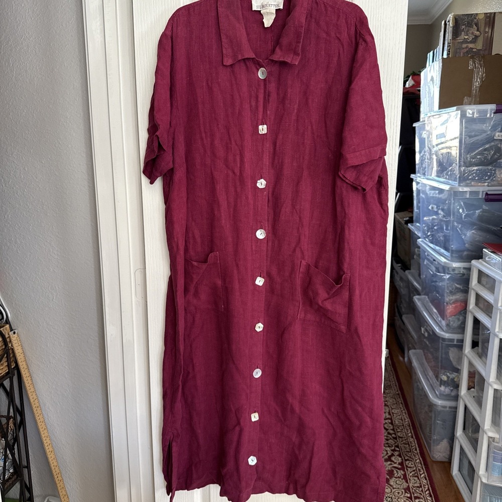 Athletic Maroon Linen Midi Dresses Button Up Dress.‎ 4744